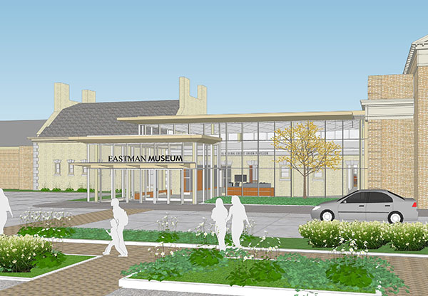 Exterior rendering of the new George Eastman Museum visitor center with the ESL Federal Credit Union Pavilion inside